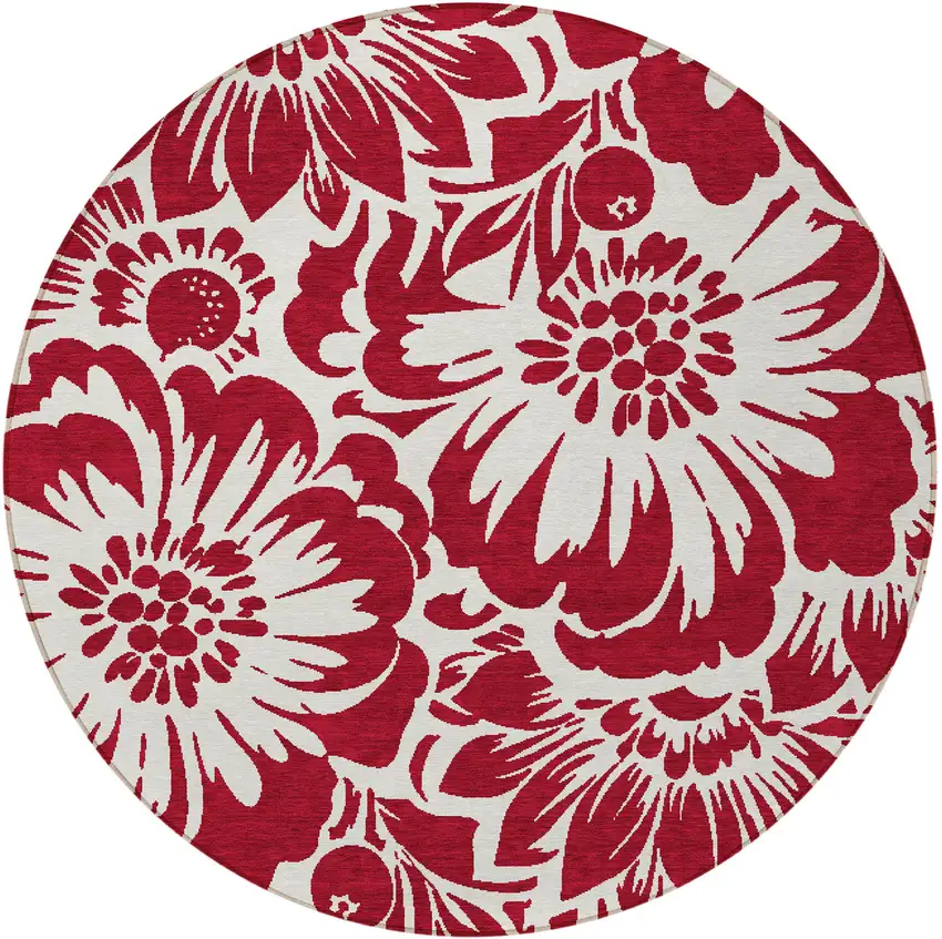Burgundy and White Round Floral Washable Non Skid Indoor Outdoor Area Rug Photo 5