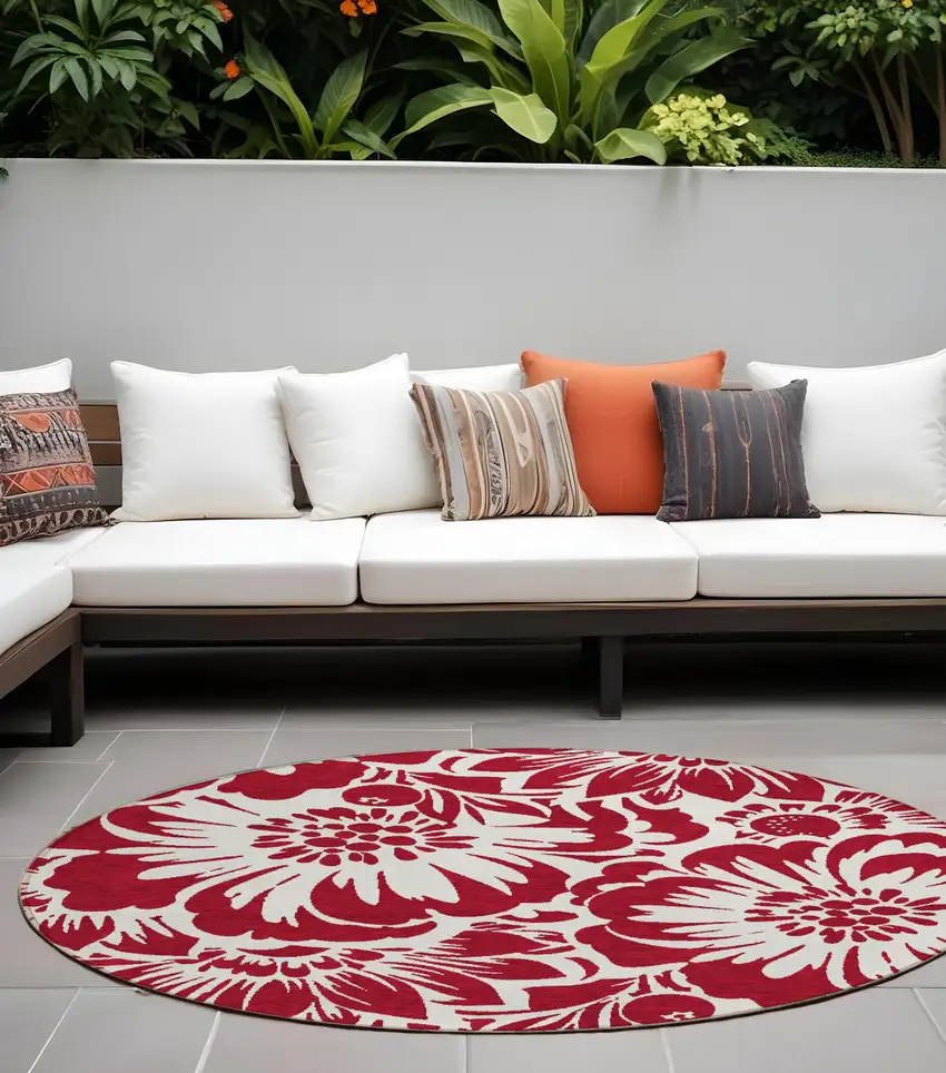 Burgundy and White Round Floral Washable Non Skid Indoor Outdoor Area Rug Photo 1