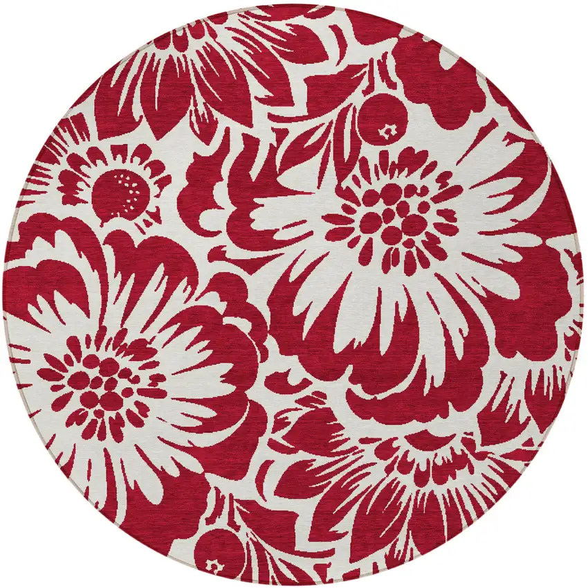 Burgundy and White Round Floral Washable Non Skid Indoor Outdoor Area Rug Photo 4