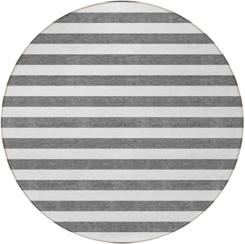 8' Round Charcoal Round Striped Washable Non Skid Indoor Outdoor Area Rug Photo 4