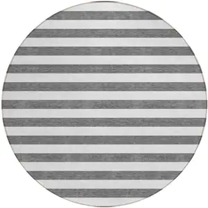 Photo of 8' Round Charcoal Round Striped Washable Non Skid Indoor Outdoor Area Rug