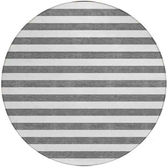 8' Round Charcoal Round Striped Washable Non Skid Indoor Outdoor Area Rug Photo 2