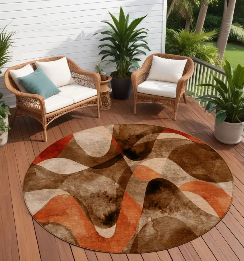 8' Round Chocolate Round Abstract Washable Non Skid Indoor Outdoor Area Rug Photo 1