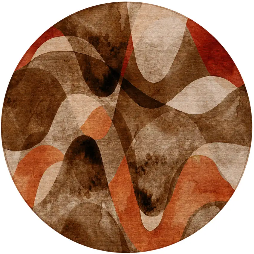 8' Round Chocolate Round Abstract Washable Non Skid Indoor Outdoor Area Rug Photo 5