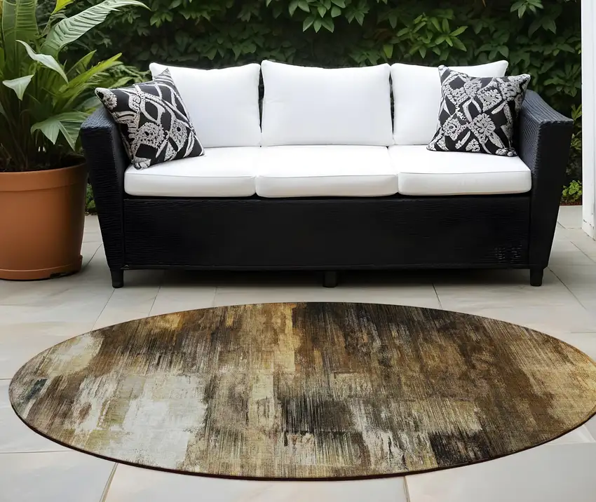 8' Round Chocolate Round Abstract Washable Non Skid Indoor Outdoor Area Rug Photo 1