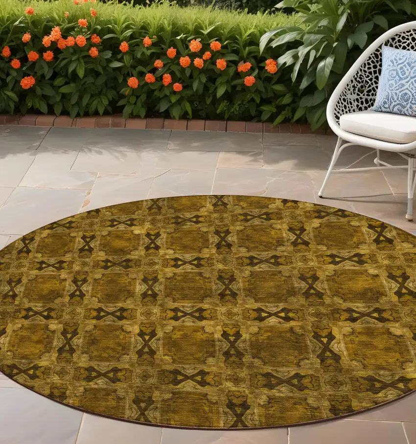 8' Round Chocolate Round Floral Medallion Washable Non Skid Indoor Outdoor Area Rug Photo 1