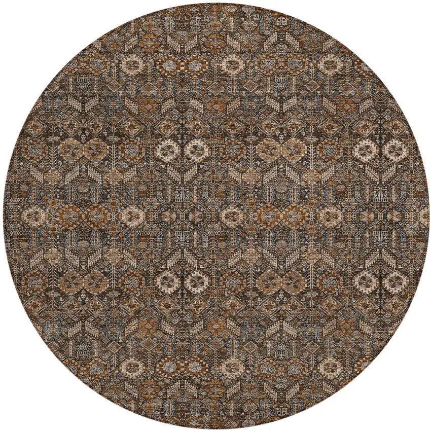 8' Round Chocolate Round Floral Washable Non Skid Indoor Outdoor Area Rug Photo 2