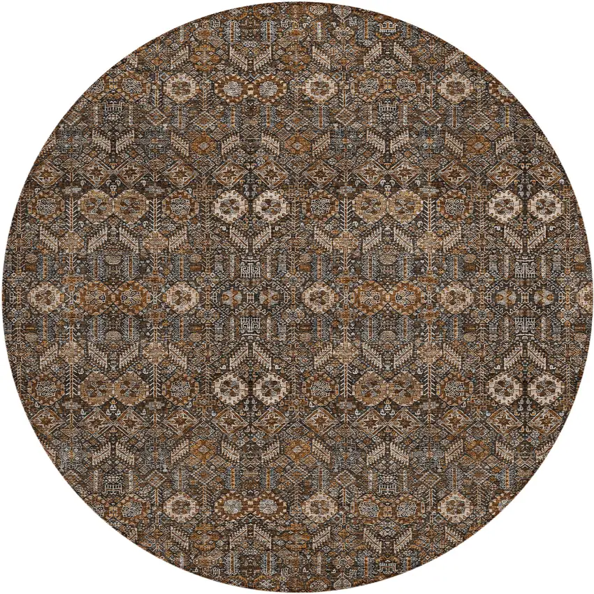 8' Round Chocolate Round Floral Washable Non Skid Indoor Outdoor Area Rug Photo 2