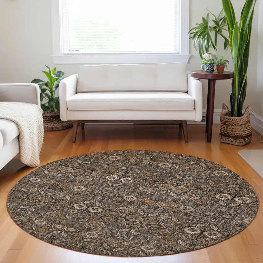 Chocolate Round Floral Washable Non Skid Indoor Outdoor Area Rug Photo 9