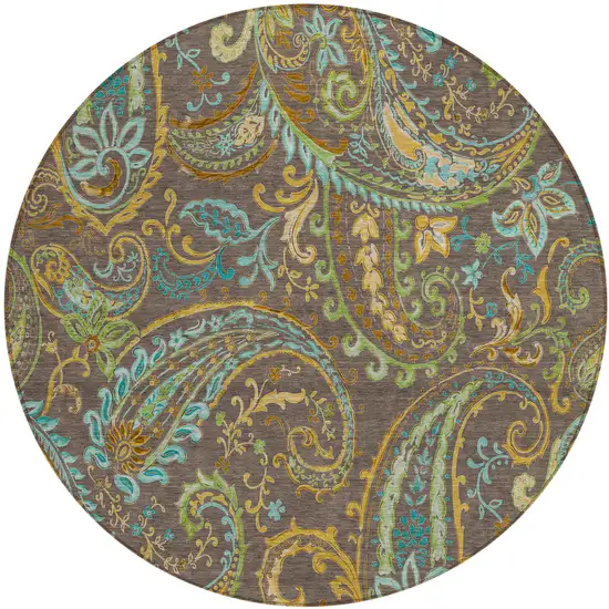Brown Aqua and Gold Round Paisley Washable Non Skid Indoor Outdoor Area Rug Photo 2