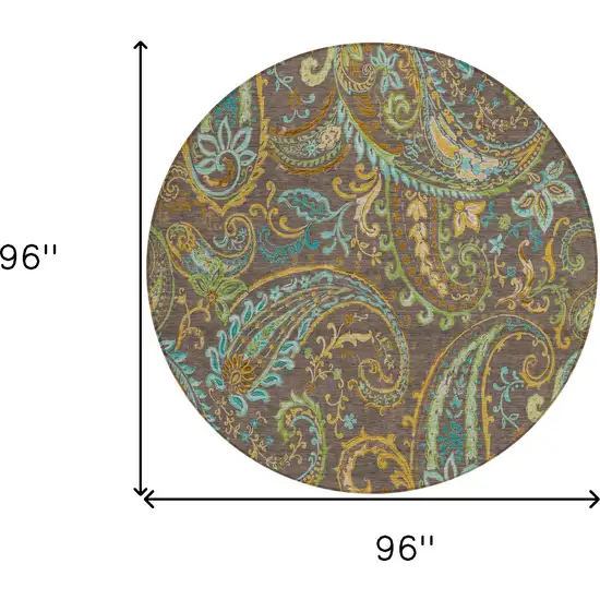 Brown Aqua and Gold Round Paisley Washable Non Skid Indoor Outdoor Area Rug Photo 3