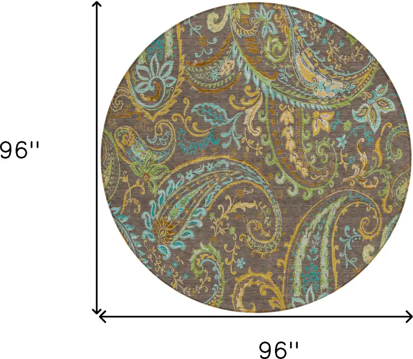 Brown Aqua and Gold Round Paisley Washable Non Skid Indoor Outdoor Area Rug Photo 3