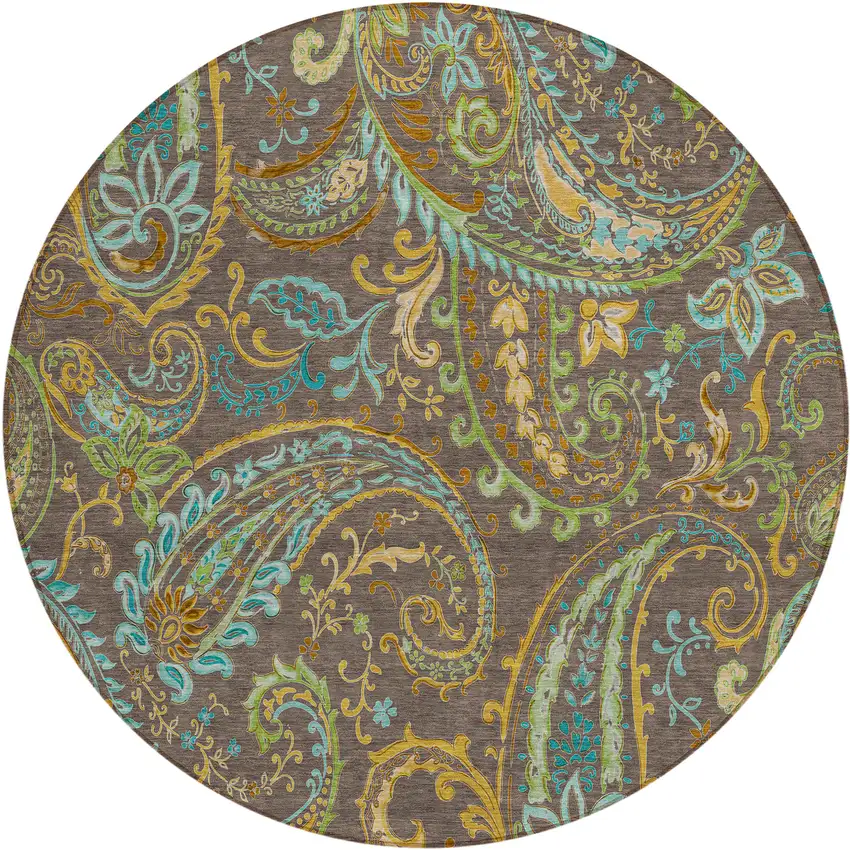8' Round Chocolate Round Paisley Washable Non Skid Indoor Outdoor Area Rug Photo 1