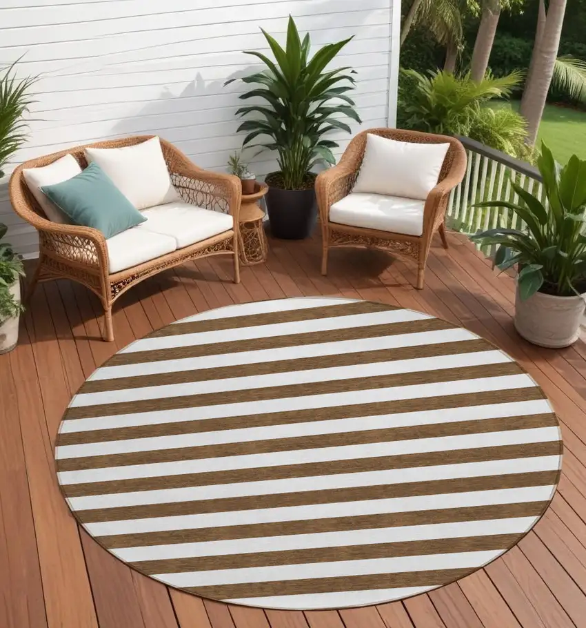 Chocolate Round Striped Washable Non Skid Indoor Outdoor Area Rug Photo 1