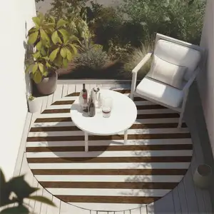 Photo of 8' Round Chocolate Round Striped Washable Non Skid Indoor Outdoor Area Rug