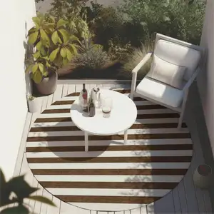 Photo of 8' Round Chocolate Round Striped Washable Non Skid Indoor Outdoor Area Rug