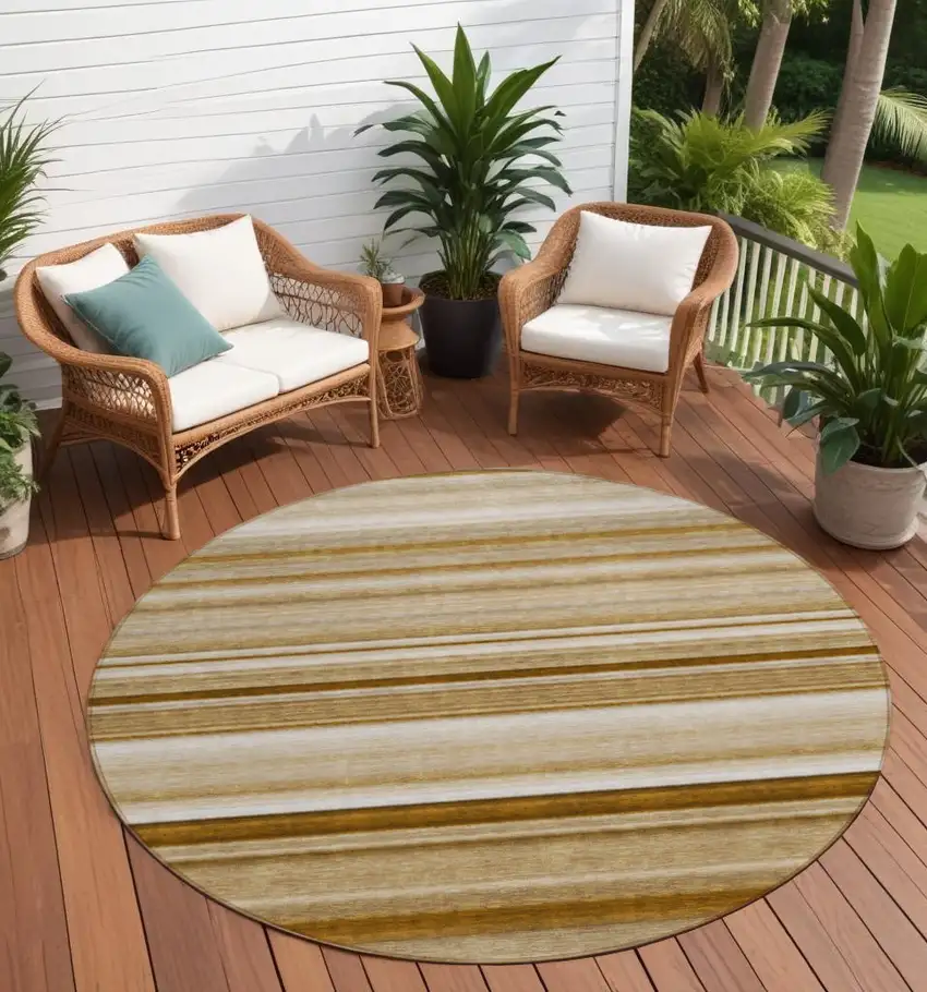8' Round Chocolate Round Striped Washable Non Skid Indoor Outdoor Area Rug Photo 1
