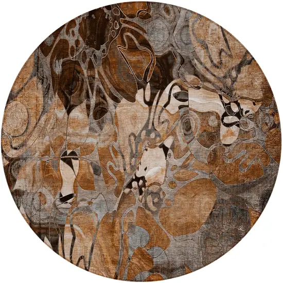 8' Round Chocolate Terracotta and Ivory Round Abstract Washable Indoor Outdoor Area Rug Photo 2