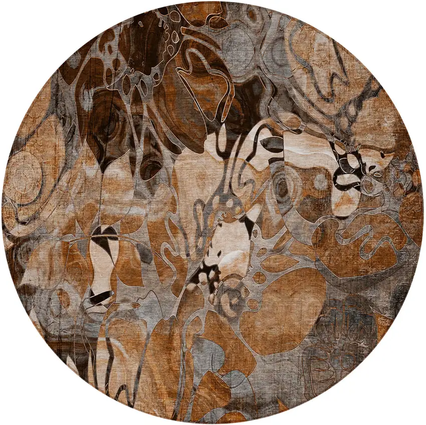 8' Round Chocolate Terracotta and Ivory Round Abstract Washable Indoor Outdoor Area Rug Photo 2