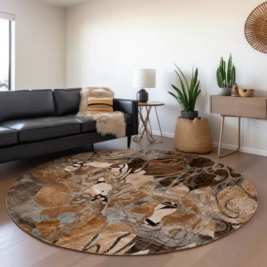 8' Round Chocolate Terracotta and Ivory Round Abstract Washable Indoor Outdoor Area Rug Photo 7