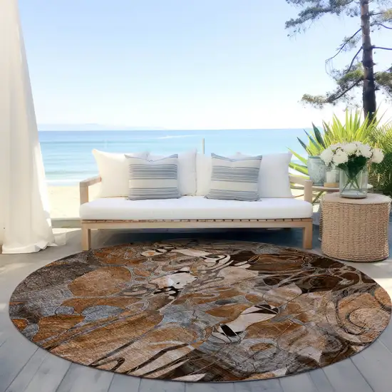 Chocolate Terracotta and Ivory Round Abstract Washable Indoor Outdoor Area Rug Photo 6