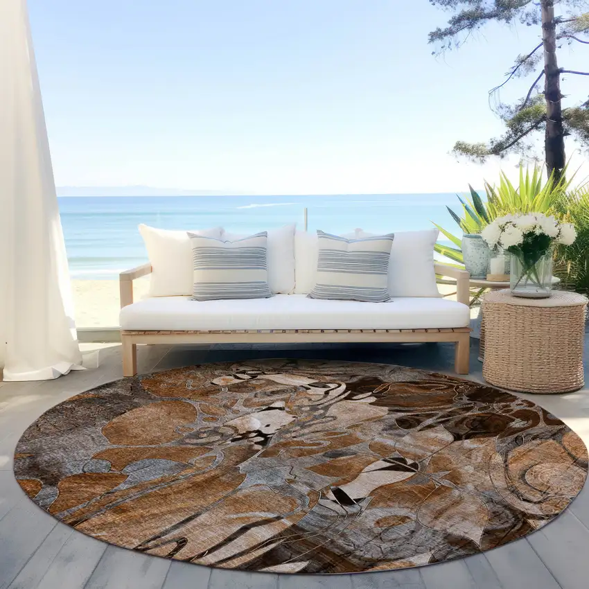 Chocolate Terracotta and Ivory Round Abstract Washable Indoor Outdoor Area Rug Photo 6