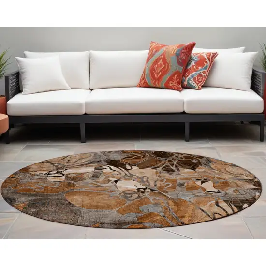 Chocolate Terracotta and Ivory Round Abstract Washable Indoor Outdoor Area Rug Photo 1
