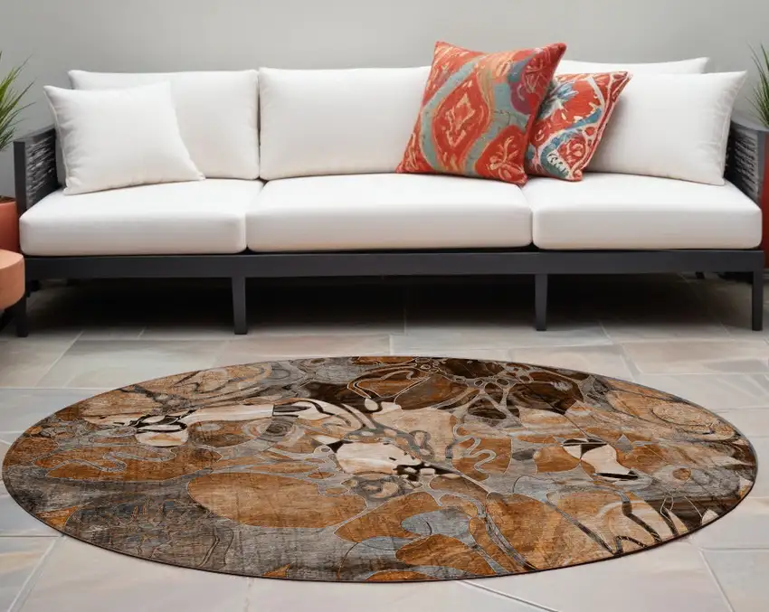 Chocolate Terracotta and Ivory Round Abstract Washable Indoor Outdoor Area Rug Photo 1