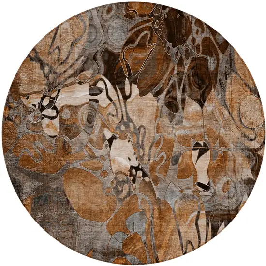 Chocolate Terracotta and Ivory Round Abstract Washable Indoor Outdoor Area Rug Photo 2