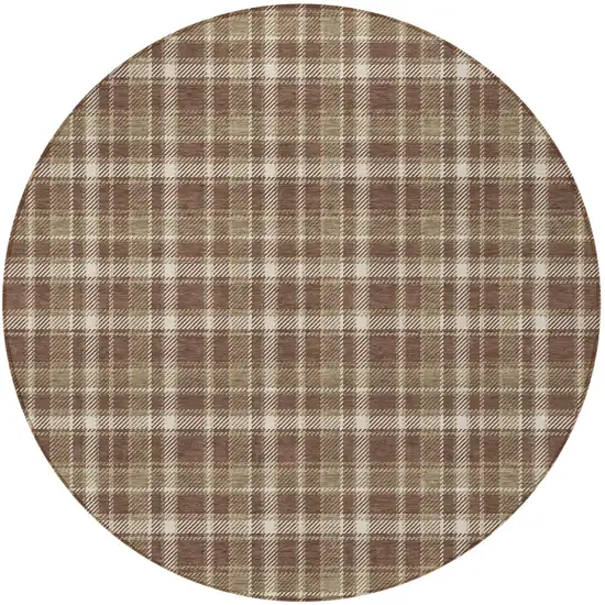 8' Round Chocolate and Ivory Round Plaid Washable Non Skid Indoor Outdoor Area Rug Photo 5
