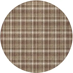 Photo of 8' Round Chocolate and Ivory Round Plaid Washable Non Skid Indoor Outdoor Area Rug