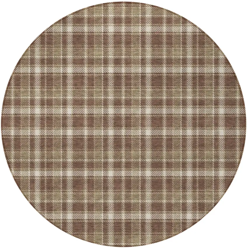 8' Round Chocolate and Ivory Round Plaid Washable Non Skid Indoor Outdoor Area Rug Photo 5