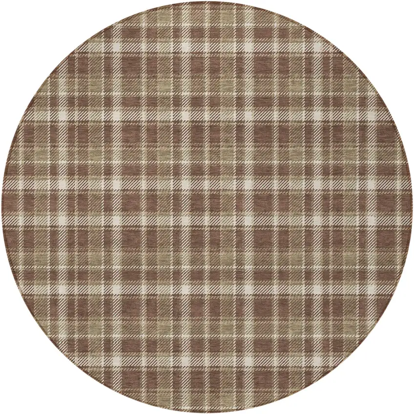 8' Round Chocolate and Ivory Round Plaid Washable Non Skid Indoor Outdoor Area Rug Photo 5