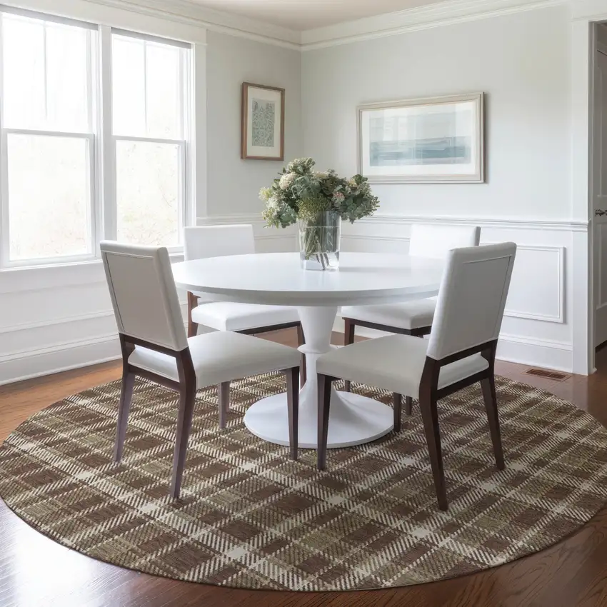Chocolate and Ivory Round Plaid Washable Non Skid Indoor Outdoor Area Rug Photo 9