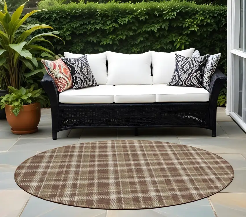8' Round Chocolate and Ivory Round Plaid Washable Non Skid Indoor Outdoor Area Rug Photo 1