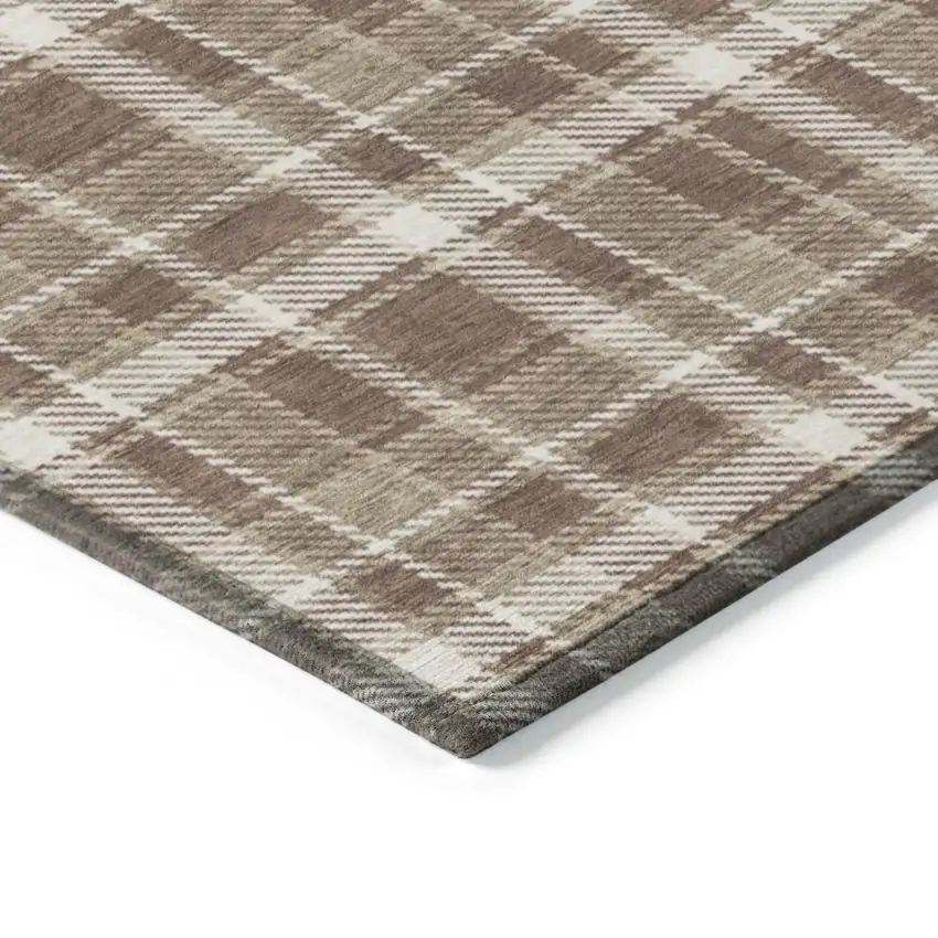 Chocolate and Ivory Round Plaid Washable Non Skid Indoor Outdoor Area Rug Photo 7
