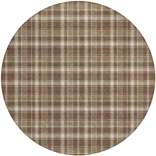 Chocolate and Ivory Round Plaid Washable Non Skid Indoor Outdoor Area Rug Photo 2