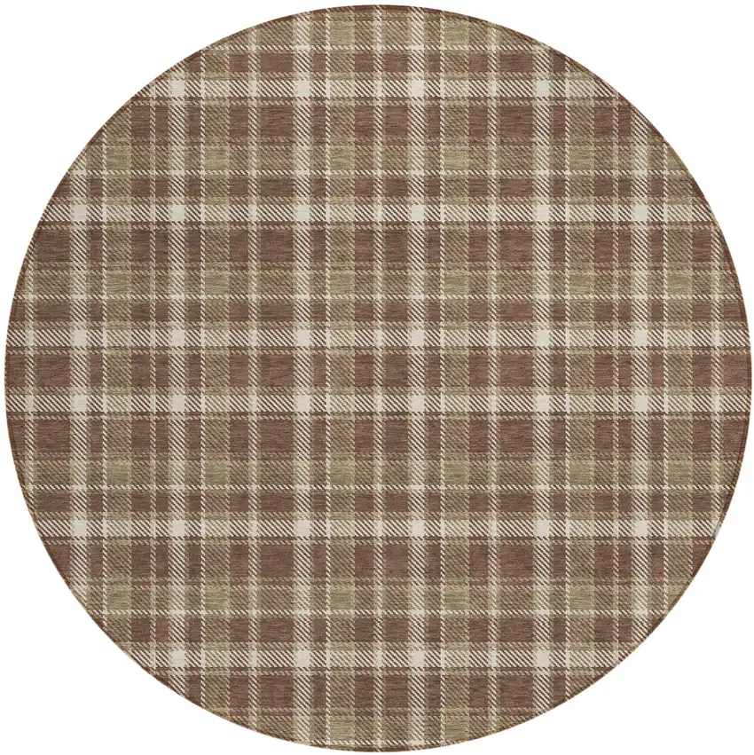 Chocolate and Ivory Round Plaid Washable Non Skid Indoor Outdoor Area Rug Photo 2