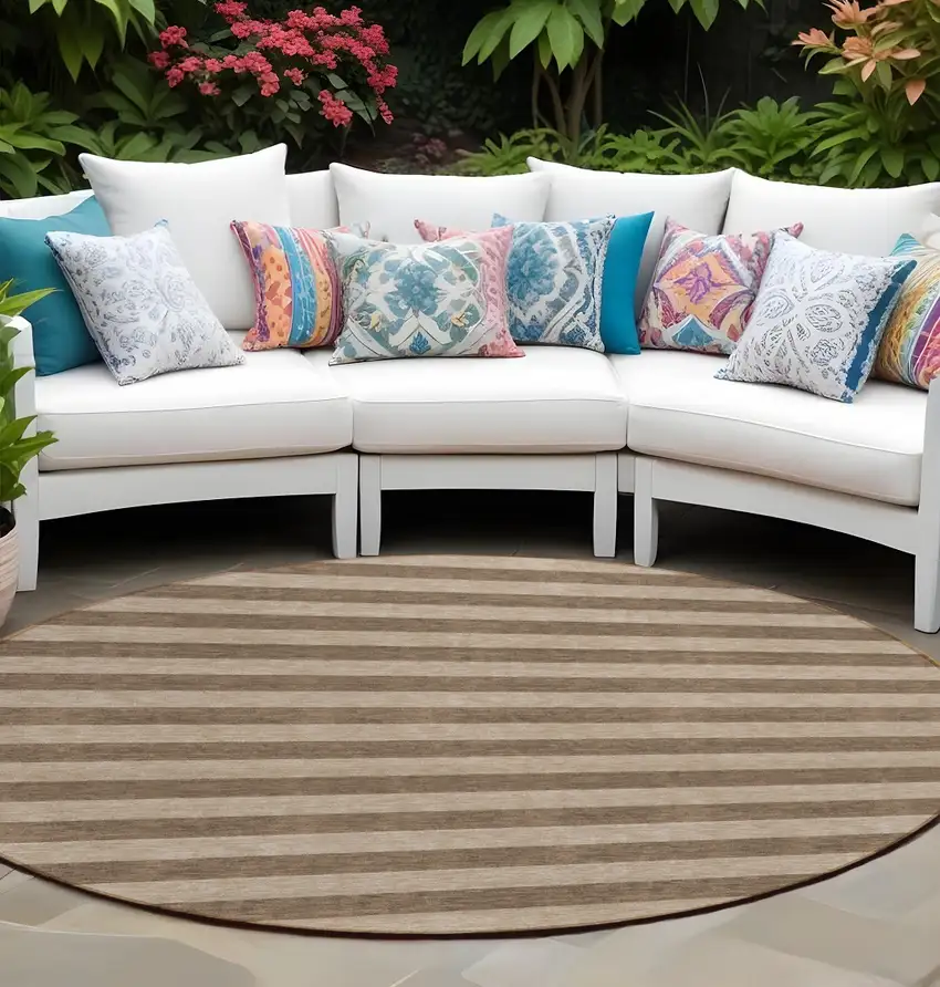 Coffee Round Striped Washable Non Skid Indoor Outdoor Area Rug Photo 1