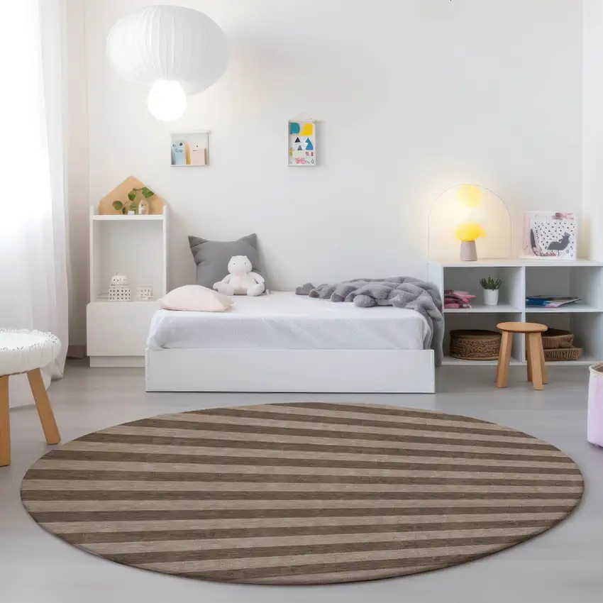 Coffee Round Striped Washable Non Skid Indoor Outdoor Area Rug Photo 9