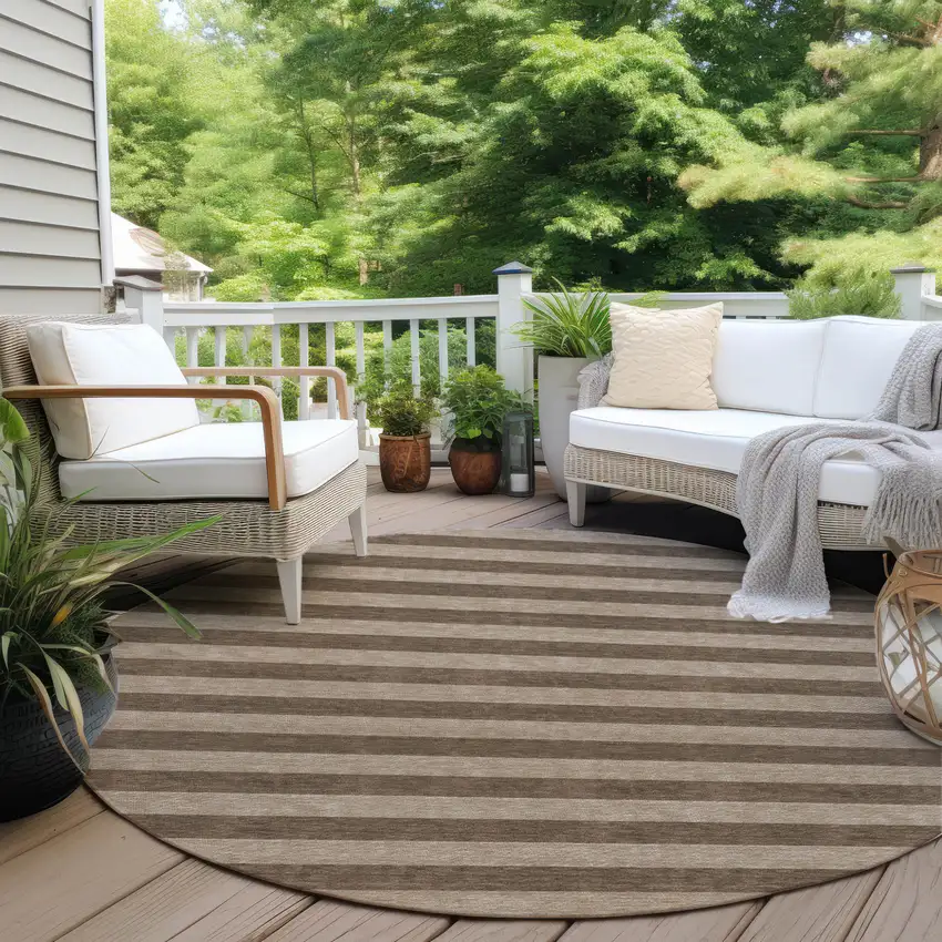 Coffee Round Striped Washable Non Skid Indoor Outdoor Area Rug Photo 8