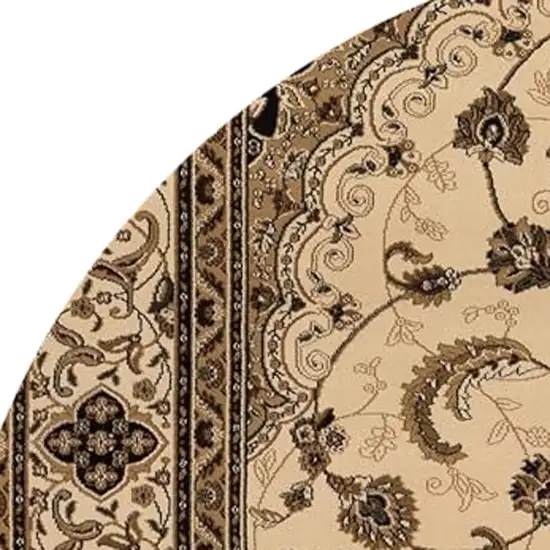 5' Cream Round Oriental Power Loom Area Rug Photo 4