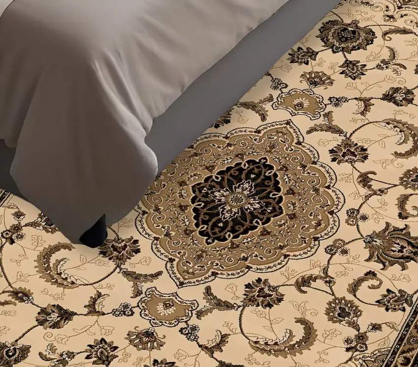 5' Cream Round Oriental Power Loom Area Rug Photo 1
