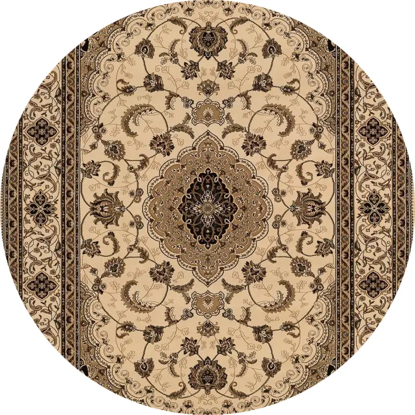 5' Cream Round Oriental Power Loom Area Rug Photo 2