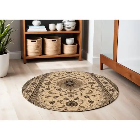 5' Cream Round Oriental Power Loom Area Rug Photo 1