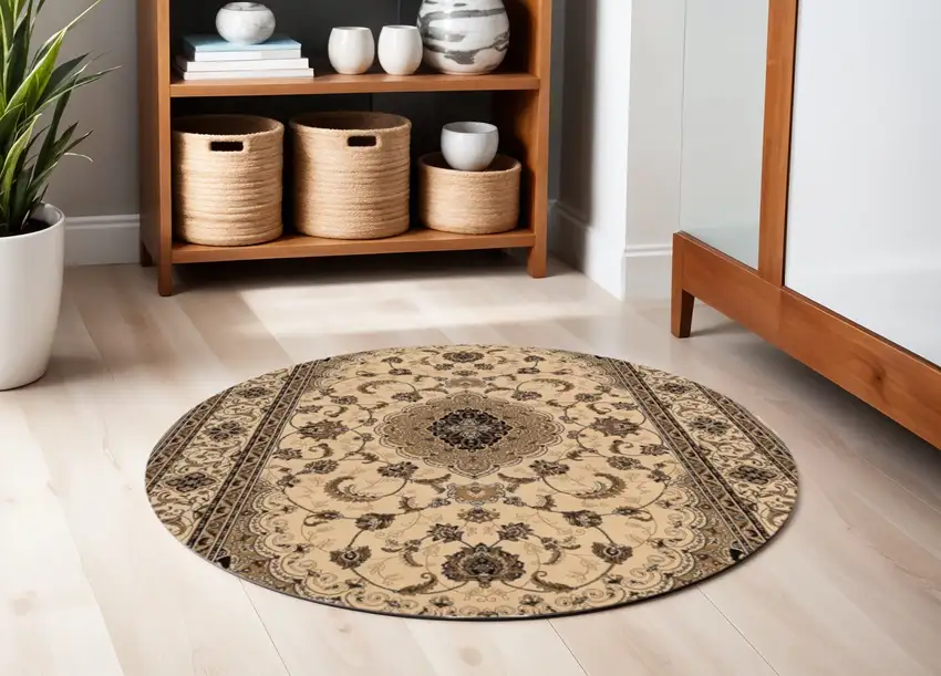5' Cream Round Oriental Power Loom Area Rug Photo 1