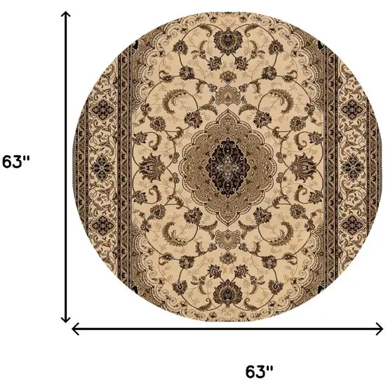 5' Cream Round Oriental Power Loom Area Rug Photo 3