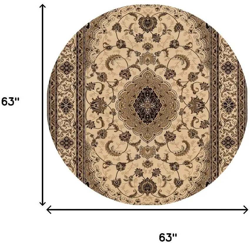 5' Cream Round Oriental Power Loom Area Rug Photo 3