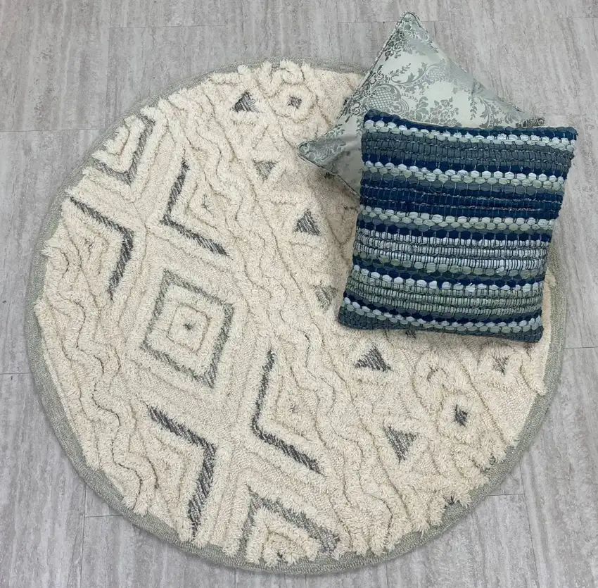 6' Round Cream Modern Geometric Area Rug Photo 8