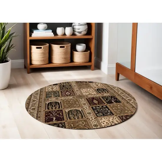 5' Cream Round Oriental Power Loom Area Rug Photo 1